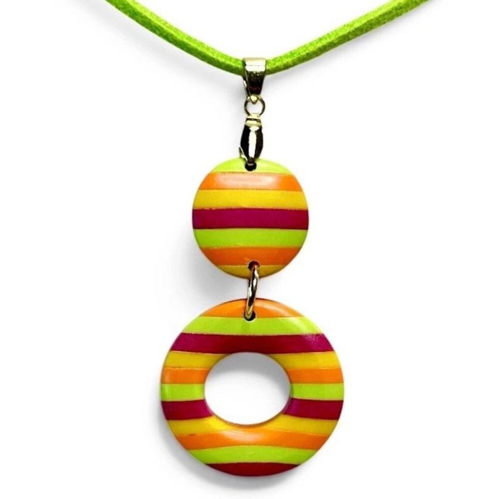 Handmade Rainbow Striped Round Polymer Clay Large Pendant Necklace on Cord SS